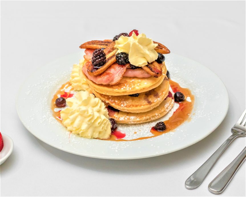 Pancake Stack With Berries Bacon And Banana at Boulevard Cafe Woodvale, Perth
