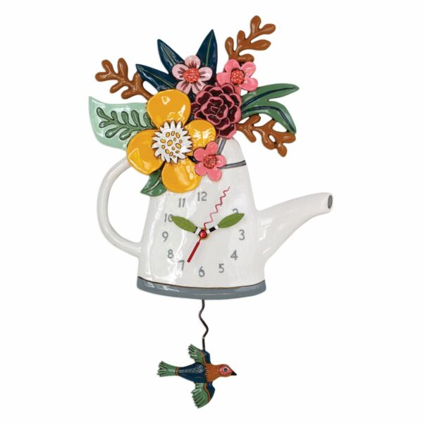 polyresin clock white teapot and flowers