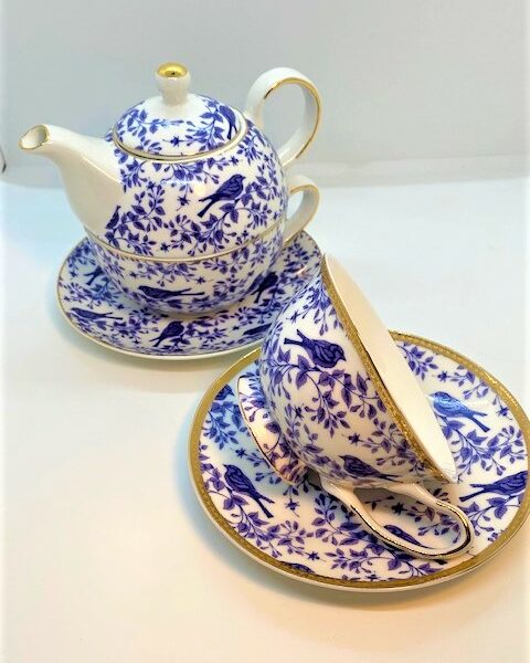 Cup and Saucer and Tea for One - blue and white bluebird design