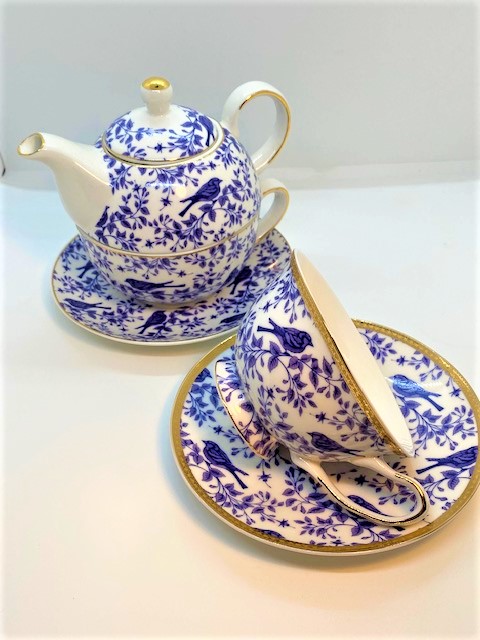 Cup and Saucer and Tea for One - blue and white bluebird design