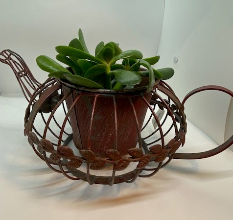 Wire teapot vase/planter - red or white antique style